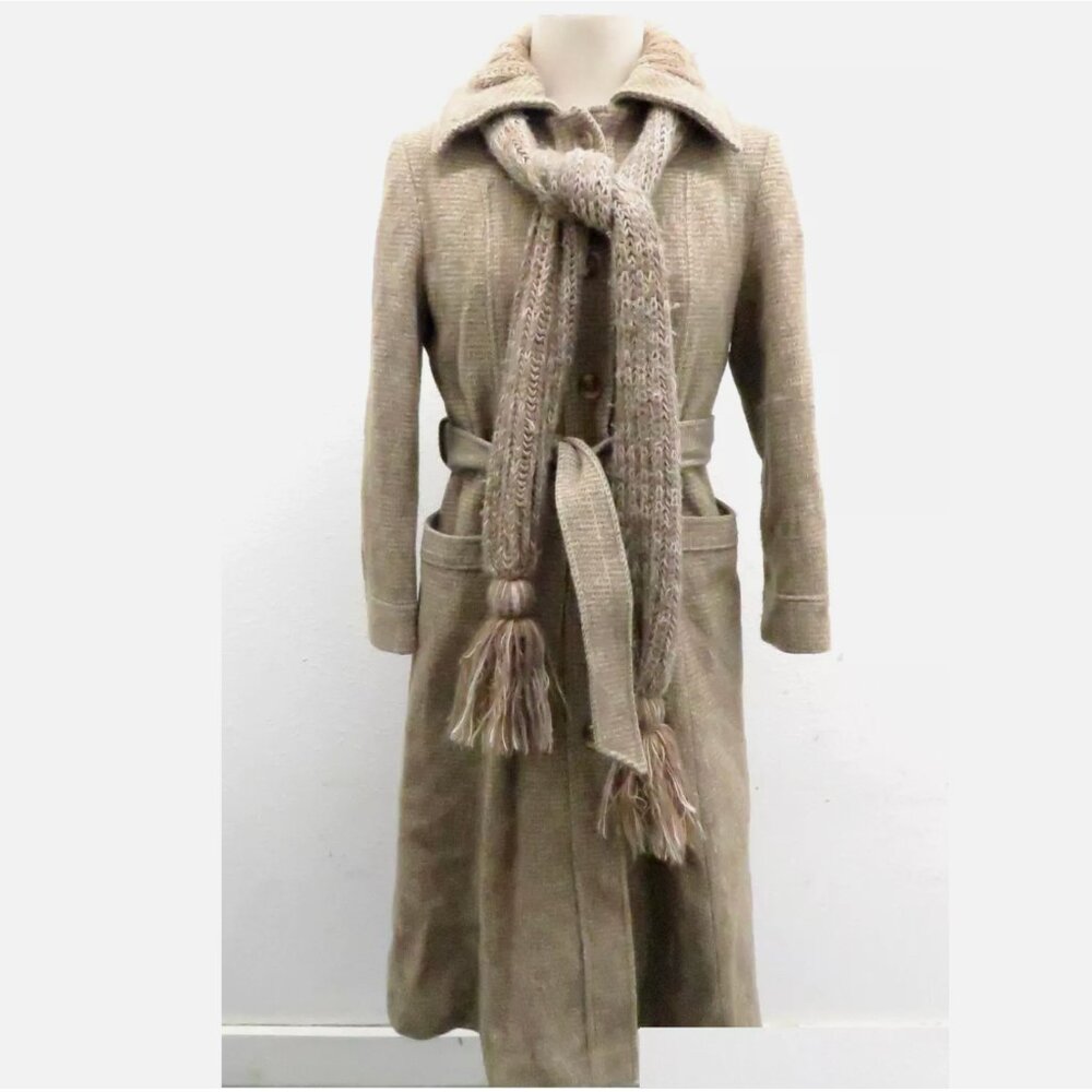 Vintage USA 70s Tweed Wool Pea Coat Overcoat Belted + Scarf Long Beige Women S